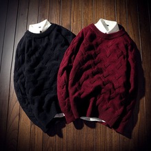 秋冬新款大红色毛衣男士韩版潮流青年宽松圆领线衣套头个性针织衫一件代发