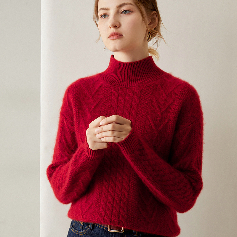 2022秋冬款加厚羊绒衫女半高领宽松绞花纯色山羊绒套头中领打底