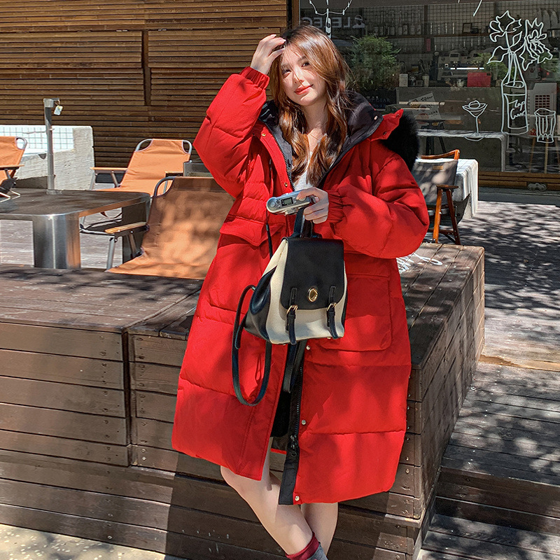 2025 Korean Style Winter Red Plus-Size Fat Girl 150kg Hooded Fox Fur Collar Thickened down Jacket 238
