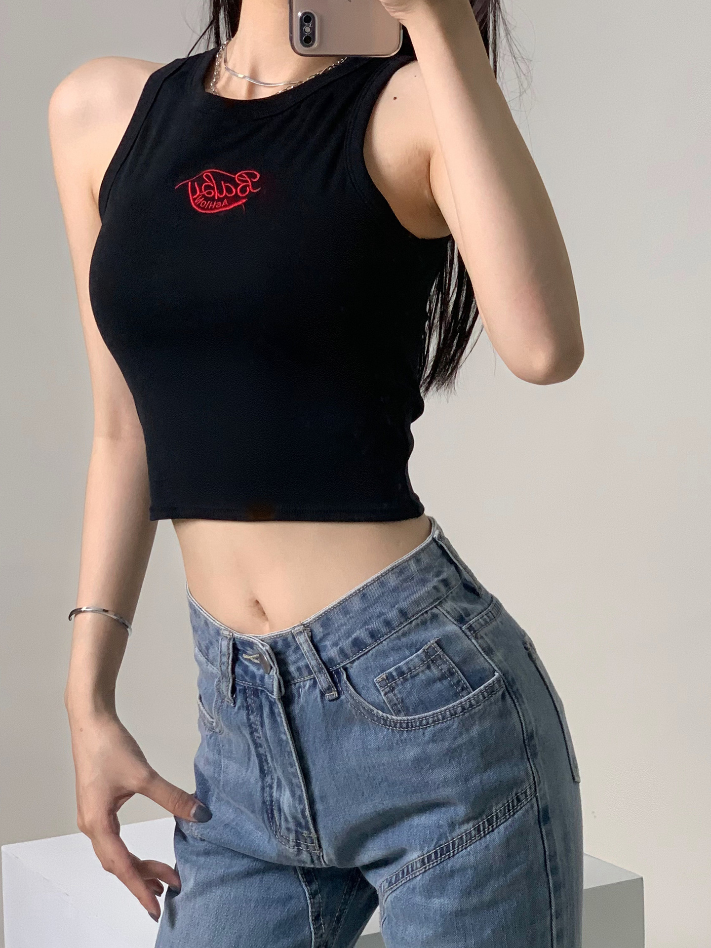Spicy Girl Korean Version Pure Cotton Embroidered Letter Backless Vest With Chest Pad Anti-Exposure Short Top For Women_ecoleips.com
