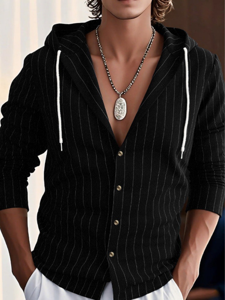 Men's Casual Linen Blend Hooded Button-Up Shirt With Drawstring - Striped Long Sleeve Open Front Shirt For Spring & Summer_voghion.com