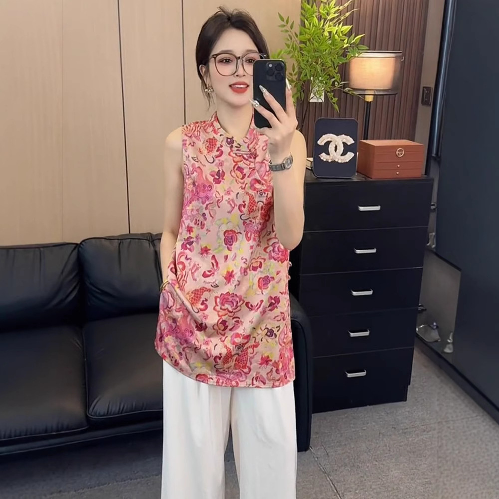 新中式国风提花无袖马甲衬衫女2025夏季新宽松百搭老钱风盘扣上衣