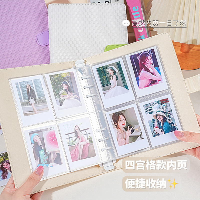 Álbum de tarjetas de cuadrícula de palacio de 4 cuadros tejidos Álbum de fotos Polaroid de gran capacidad y estilo simple Tarjeta pequeña de 3 pulgadas Álbum de almacenamiento de álbumes de ídolos