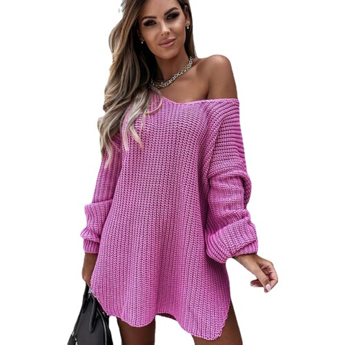 Autumn and winter European and American-style new solid-color women's knitted sweater, loose-fitting V-neck, elegant commuter sweater with a slit at the bottom.