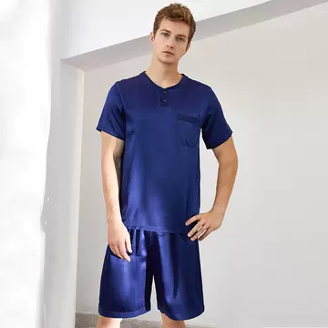 Men's Silk Pajamas Short-sleeved Shorts Set Summer Mulberry Silk Casual Home Clothes Two-piece Silk Pajamas - ShopShipShake