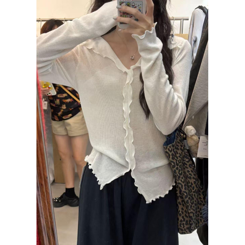 灰色V领边长袖针织打底衫女2025早秋季新款修身内搭毛衣上衣百搭|undefined