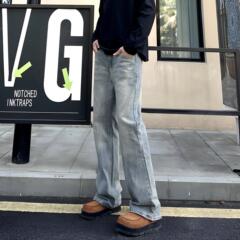 美式高街竹节纹微喇直筒牛仔裤男春夏百搭拖地裤