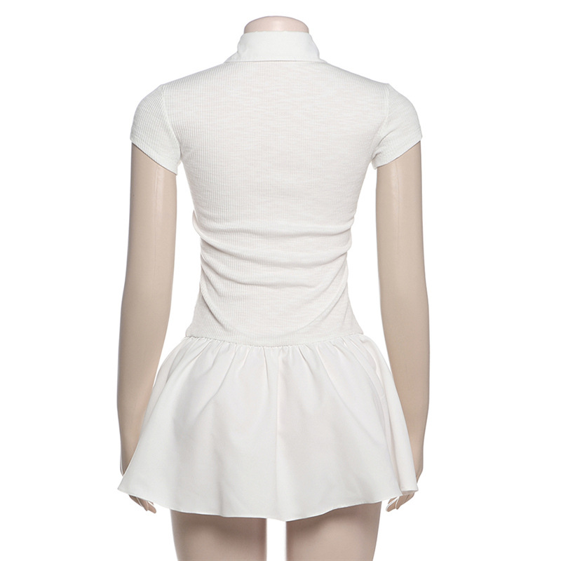 Spring Women Clothing Personality Collared Button Slim Slimming Pleated Contrast Color Short Sleeve Dress