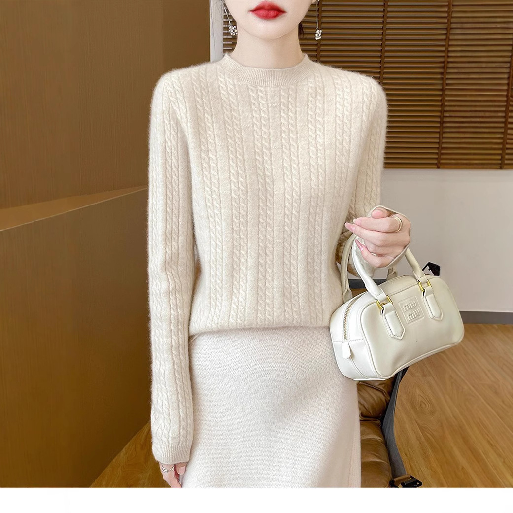 秋冬季新款圆领羊绒衫女时尚麻花套头毛衣休闲针织洋气内搭打底衫