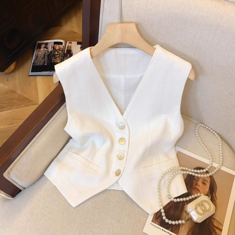 Lao Qian Feng Linen Vest Women's Wide Leg Pants suit Relaxed Short Summer Thin Vest Coat White
