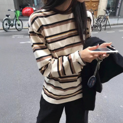 现 韩国东大门th*barethe圆领拼色条纹长袖T恤韩系女装休闲上衣