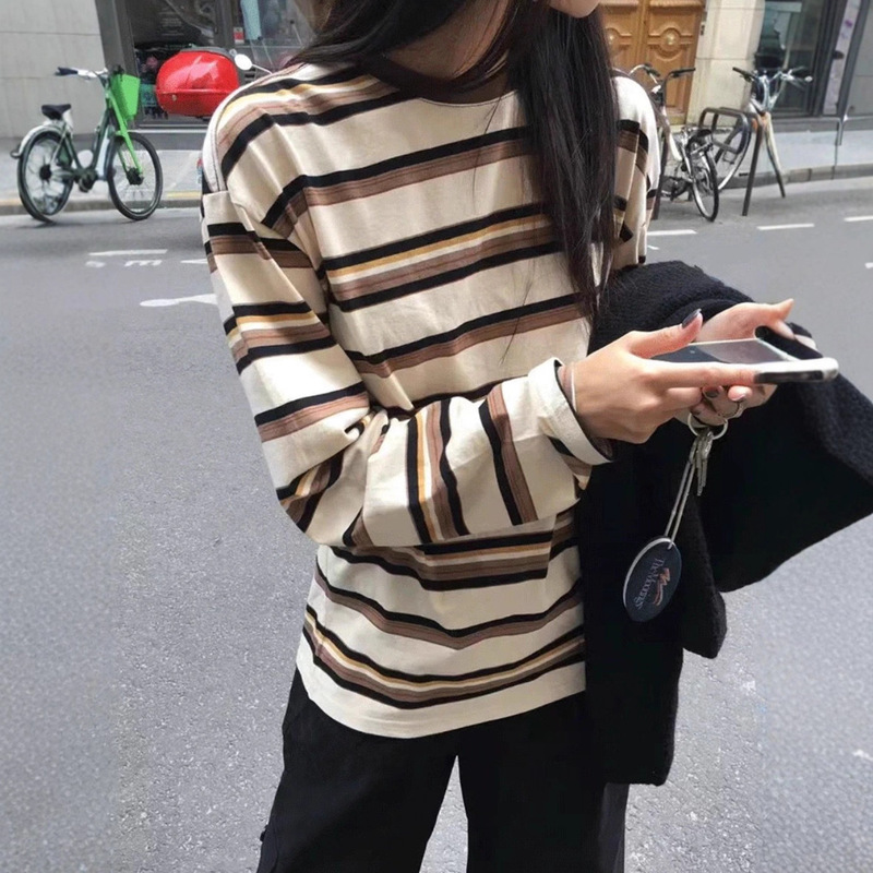现 韩国东大门th*barethe圆领拼色条纹长袖T恤韩系女装休闲上衣|undefined
