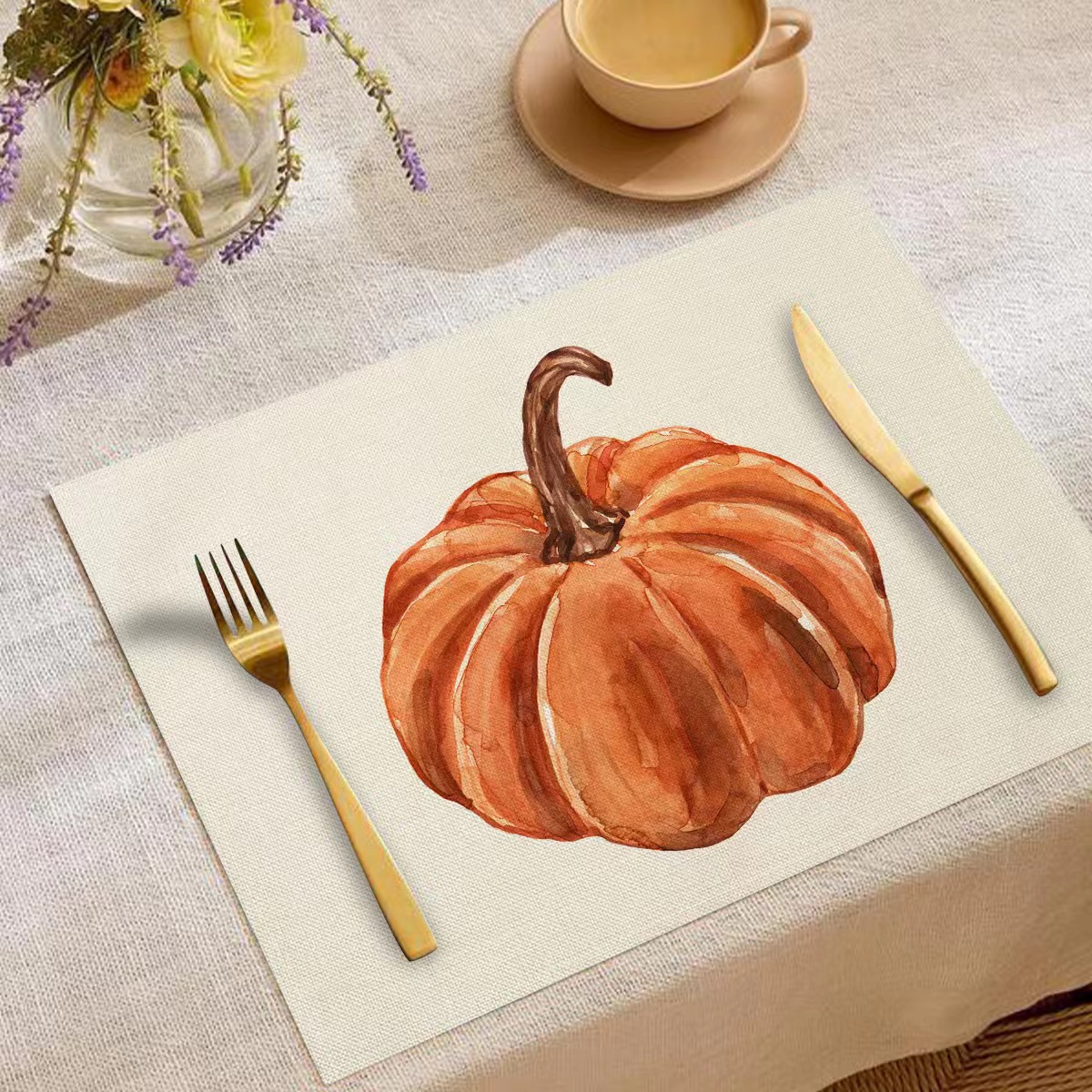 Transfronterizo temu explosión Día de Acción de Gracias otoño calabaza lino estampado conjunto lino estampado mesa de restaurante
