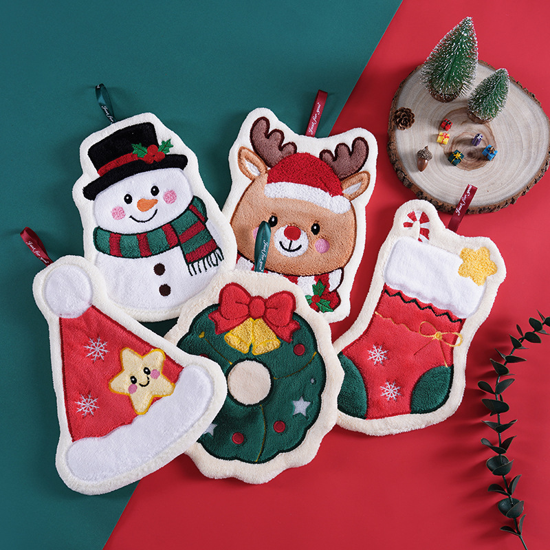 Christmas Special-Shaped Coral Velvet Hand Towel, Thickened and Absorbent, Hanging Towel for Decoration, Suitable for Kitchen and Bathroom, Gift, in Stock for Wholesale