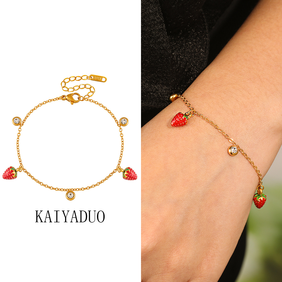 欧美ins风小巧热带水果草莓手链女滴胶个性不锈钢18KPVD镀金手饰