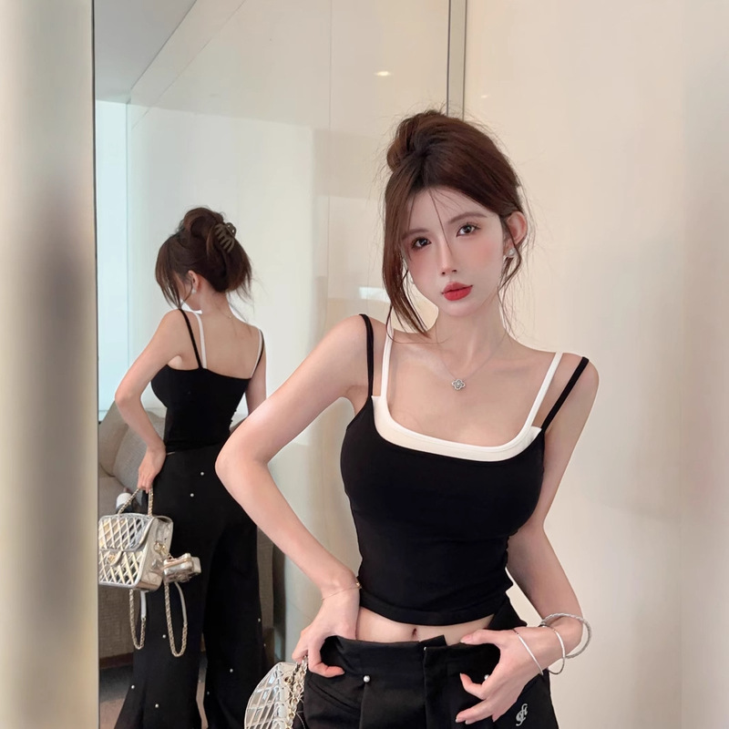 Fake Two-piece Contrast Color Sweet Spice Girl Style Camisole Small Vest T-shirt Women's Summer Dress with Chest Pad Slim-fit Tight Waist Street Top