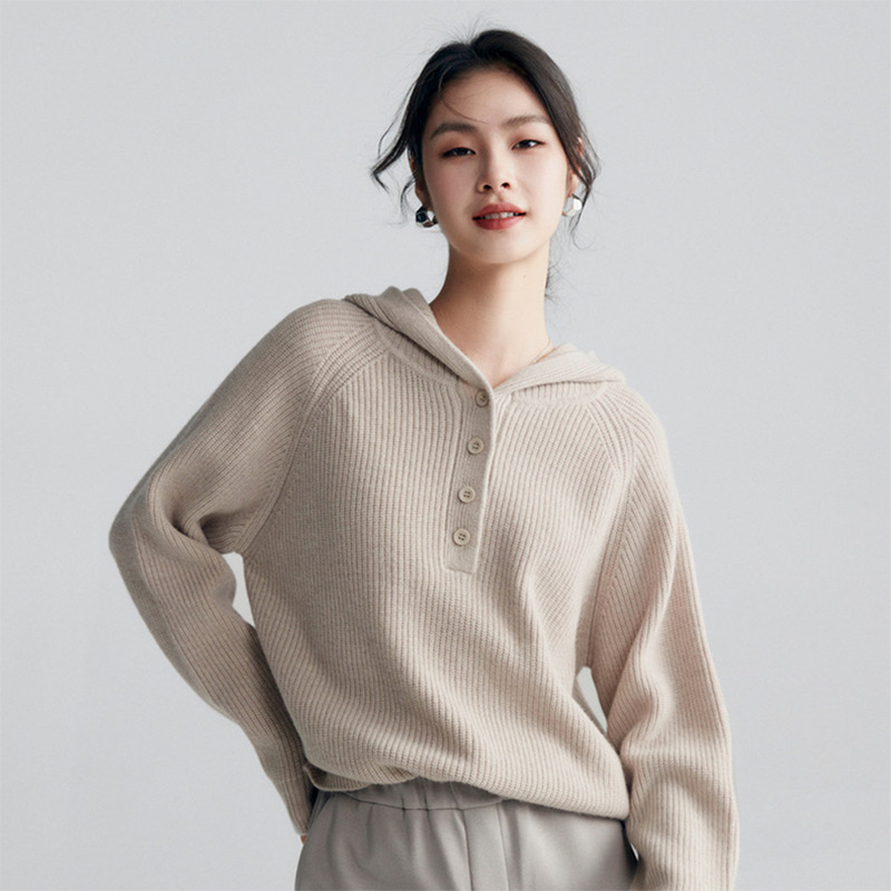 2025 Autumn and Winter Women's Woolen Sweater Hooded Collar Top Loose Knitted Sweater Lazy and Versatile Elegant