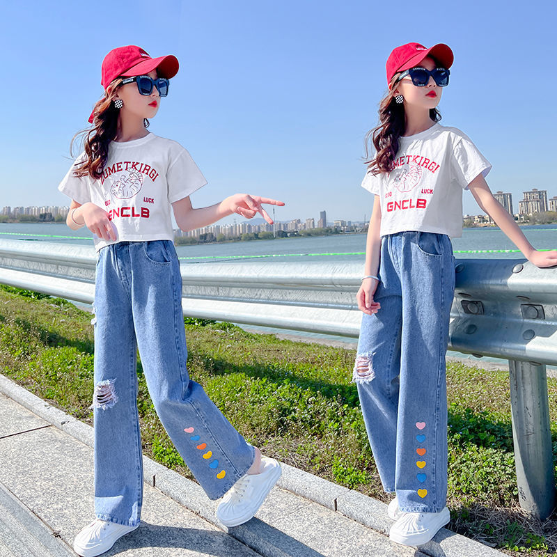童裝女童時髦套裝夏季兒童洋氣短袖牛仔褲大童網紅時尚炸街兩件套
