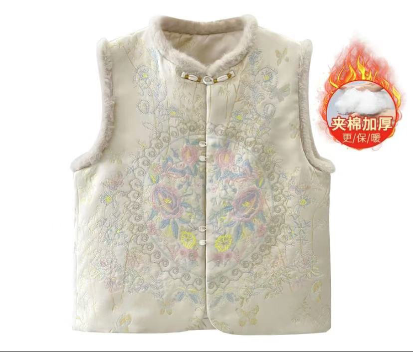 Invierno nuevo algodón grueso chaleco nuevo estilo chino suelto cuello redondo mujer estilo chino bordado abrigo cuello de lana