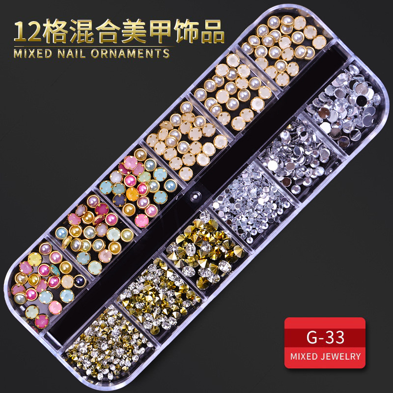 Juego completo transfronterizo de 12 compartimientos de remaches de metal, diamantes de imitación, Xingyue, piezas de concha de diamantes, accesorios para uñas, adornos para uñas