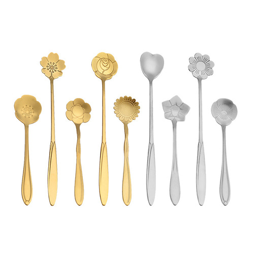 Stainless steel golden cherry blossom spoon, creative heart-shaped spoon, sunflower spoon, coffee spoon, dessert spoon, stirring spoon, bird's nest spoon