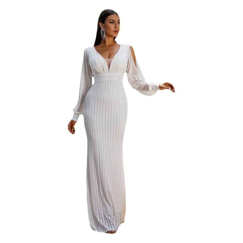 Europa y América transfronteriza V-cuello Hepburn estilo manga larga noble largo elegante señora Luz de lujo fishtail lentejuelas vestido de noche