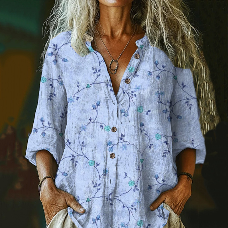 亚马逊女式大码夏季女休闲碎花衬衫女装小雏菊衬衫3D印花衬衫|undefined