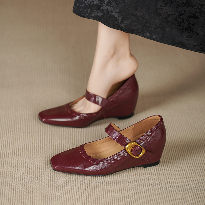 Giày Mary Jane nữ quai ngang da cừu gót thô 5 cm phong cách Pháp cổ điển — đen