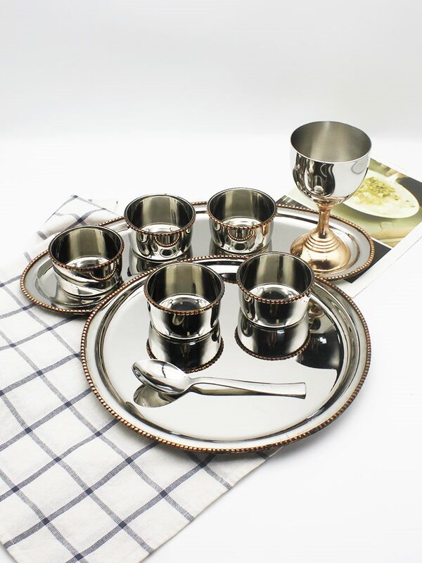 Indian Fashion Stainless Steel Round Oval Talley Plate Set Tray Indian Restaurant Style Kitchen Utensils Curry Bowl