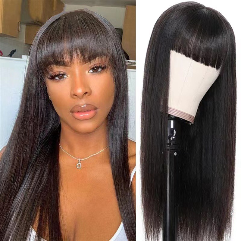 Perruque Synthétique Femme Droite À La Mode Fibre Synthétique Couvre-Tête Avec Frange Noire Cheveux Longs_voghion.com