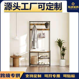亚马逊衣帽架鞋凳一体柜铁艺落地衣架室内衣帽架带储物搁板与挂杆