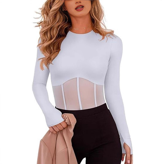 2025 Amazon Women's Fashion Sexy Round Neck Thumb Hole Long Sleeve Transparent Mesh Going Out Bodysuit Top