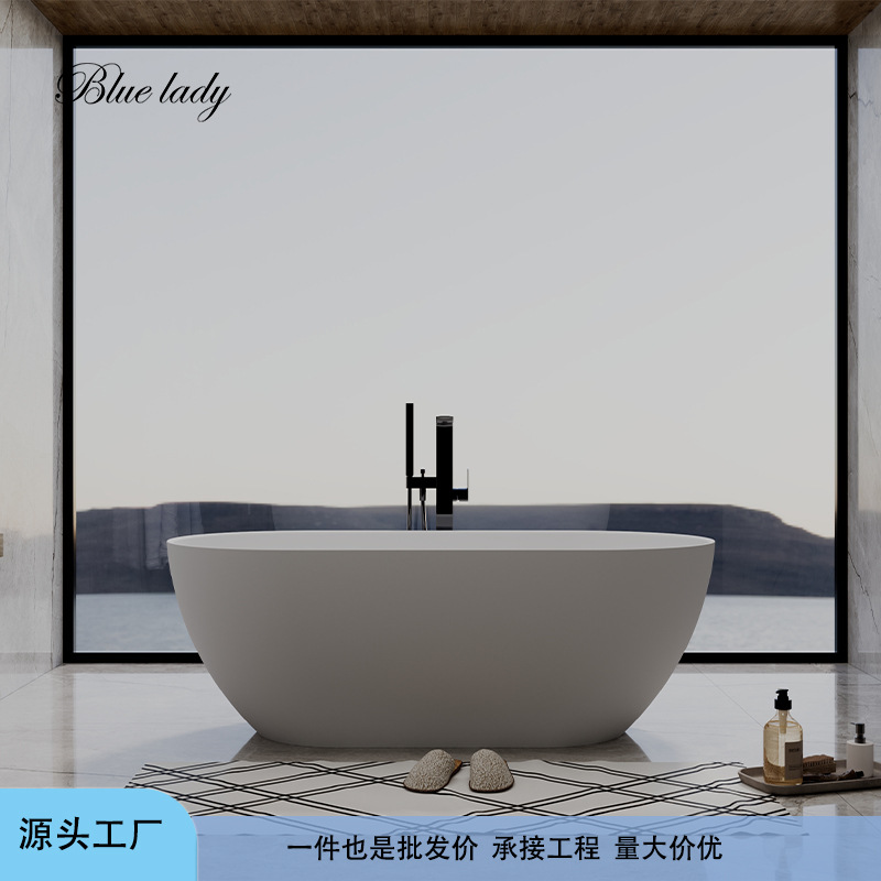 Polymer Artificial Stone Integrated Freestanding Oval Bathtub for Guesthouses, Villas, Large Flat Apartments, and Home Bathrooms