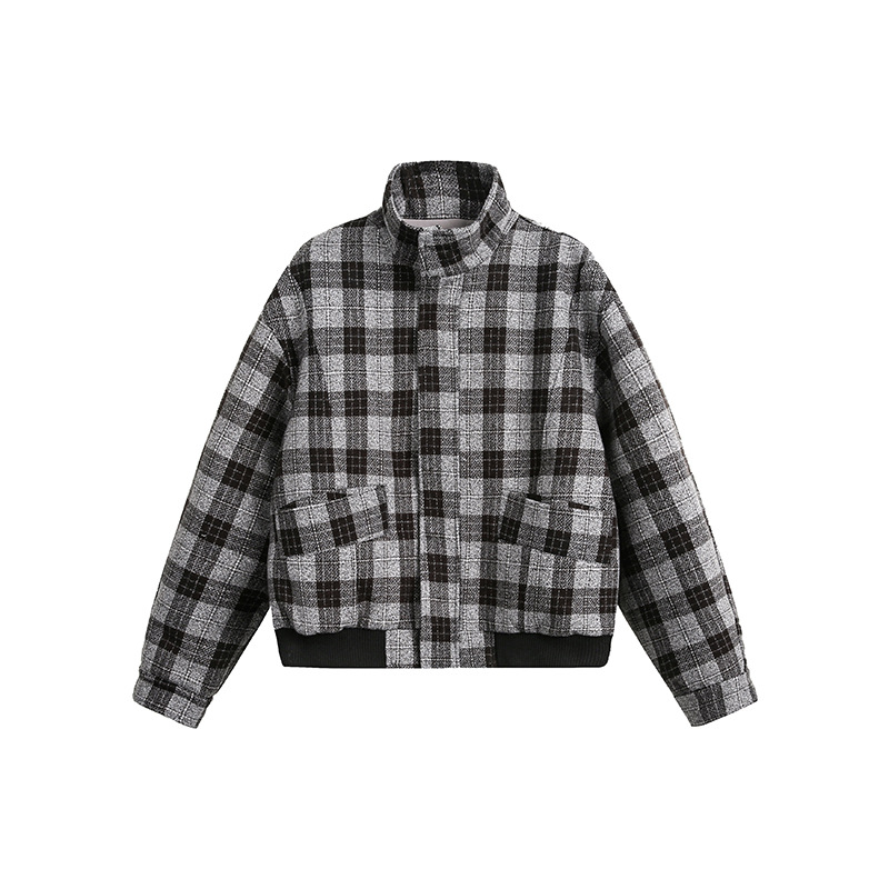 Men's Clothing Retro Stand Collar Plaid Woolen Coat Vintage Design Cotton Coat_voghion.com