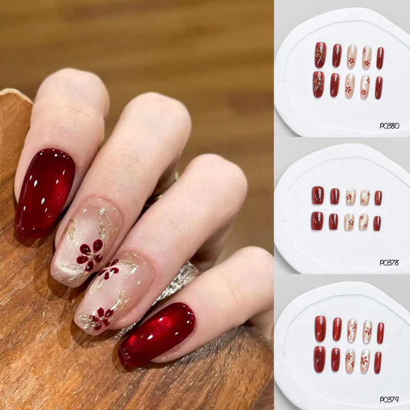 New Chinese Style Red Cat's Eye Gilt Wearable Nails with Flowers to Show Whitening High-End Manicure Patches New Year's Festive Retro Gentleness