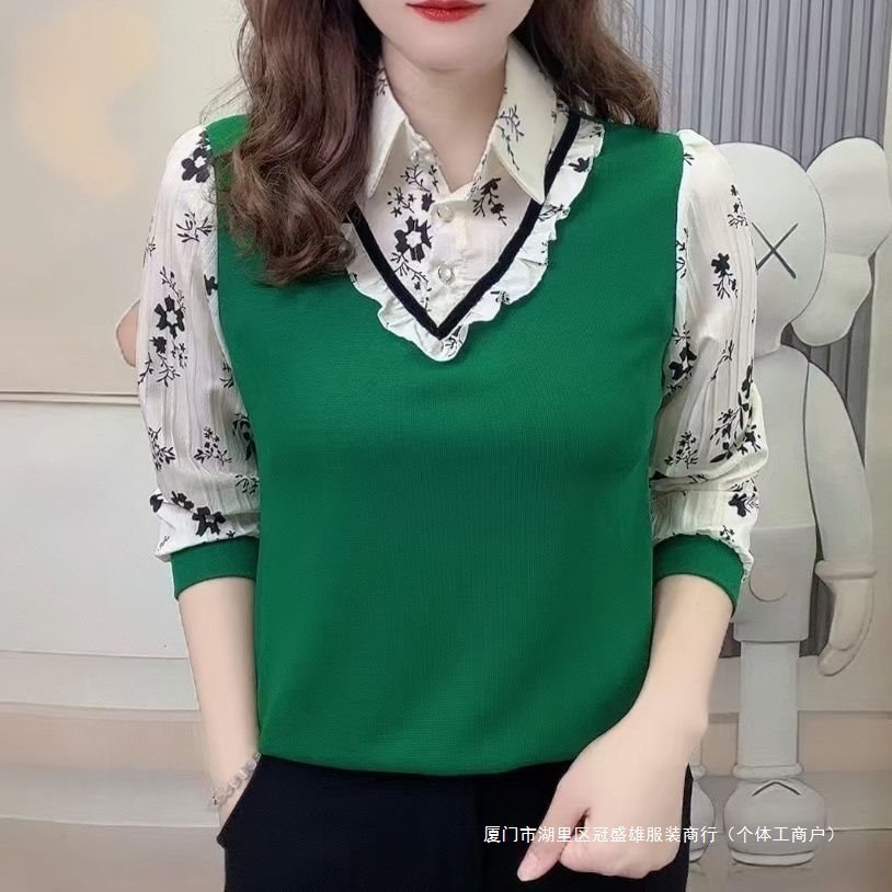 针织拼接时尚两件上衣衬衫新款洋气减龄小衫碎花长袖大码打底