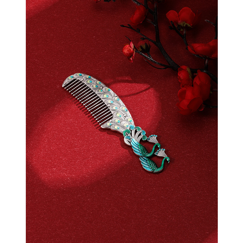 S999 plata esterlina peine del pelo de las mujeres hechas a mano del color del Pavo Real esmalte de plata pura peine cuidado de la salud raspado regalo para la Madre