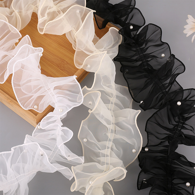 Customizado clavos de hilo de raíz de perla bordes de bloqueo plegado ondulado longitud de hilo de malla especificaciones de tamaño accesorios de ropa descuento encaje