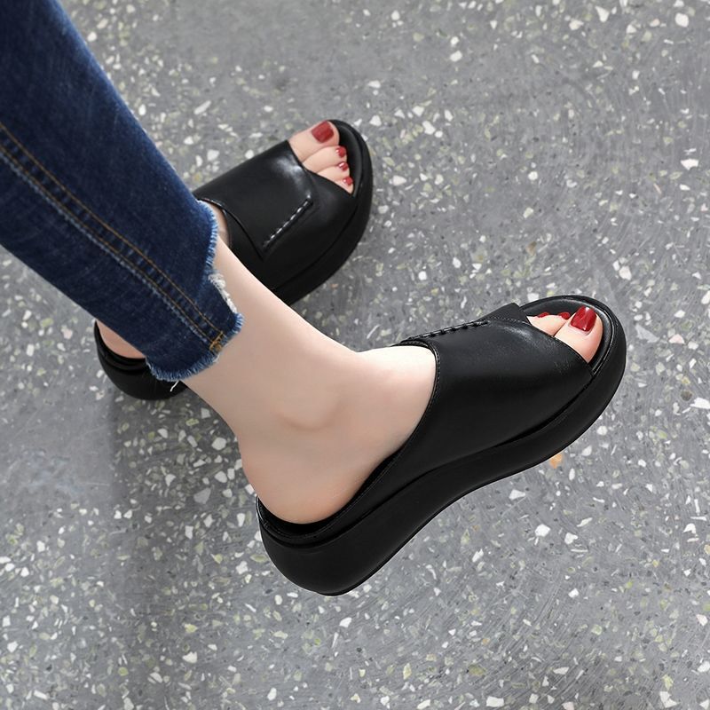 New Style Sandals and Slippers for Women's Outer Wear 2022 Summer New Style Soft Leather Thick-soled Increased Soft-soled Shoes Fish Mouth Slides