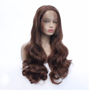 Fibra química de moda frente encaje cubierta de cabello marrón ondulado larga peluca de cabello rizado fabricantes al por mayor LW0136