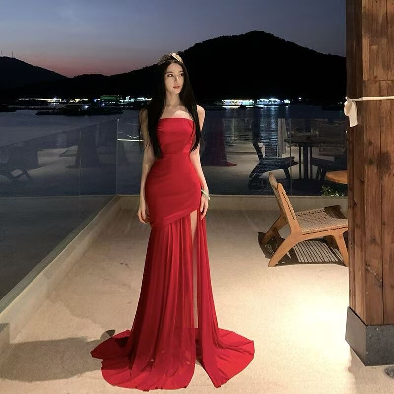 Elegant Red Strapless Gown for Women, New Style, Socialite Temperament, Christmas Outfit, Stylish Mesh Evening Long Dress for Women