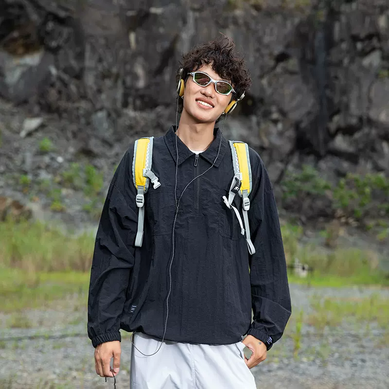 OOTD户外登山防水宽松半拉POLO衫男春秋季装徒步长袖T恤情侣上衣