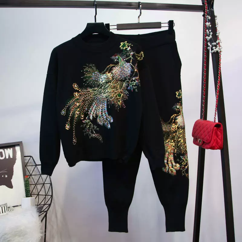 Demi-season velvet long-sleeve for leisure, trousers, set, European style, with embroidery, plus size