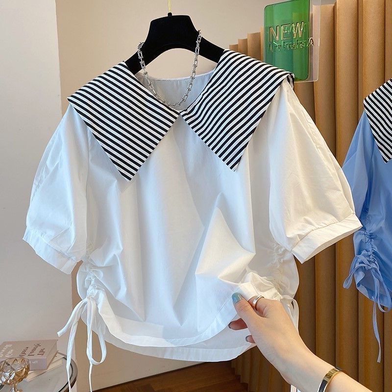 Korean-Style Design Niche Striped Turn-Down Collar Drawstring Hem Shirt for Women, Short Babydoll Shirt with Navy Doll Collar Top Korean-Style Design Niche Striped Turn-Down Collar Drawstring Hem Shirt for Women, Short Babydoll Shirt with Navy Doll Collar Top