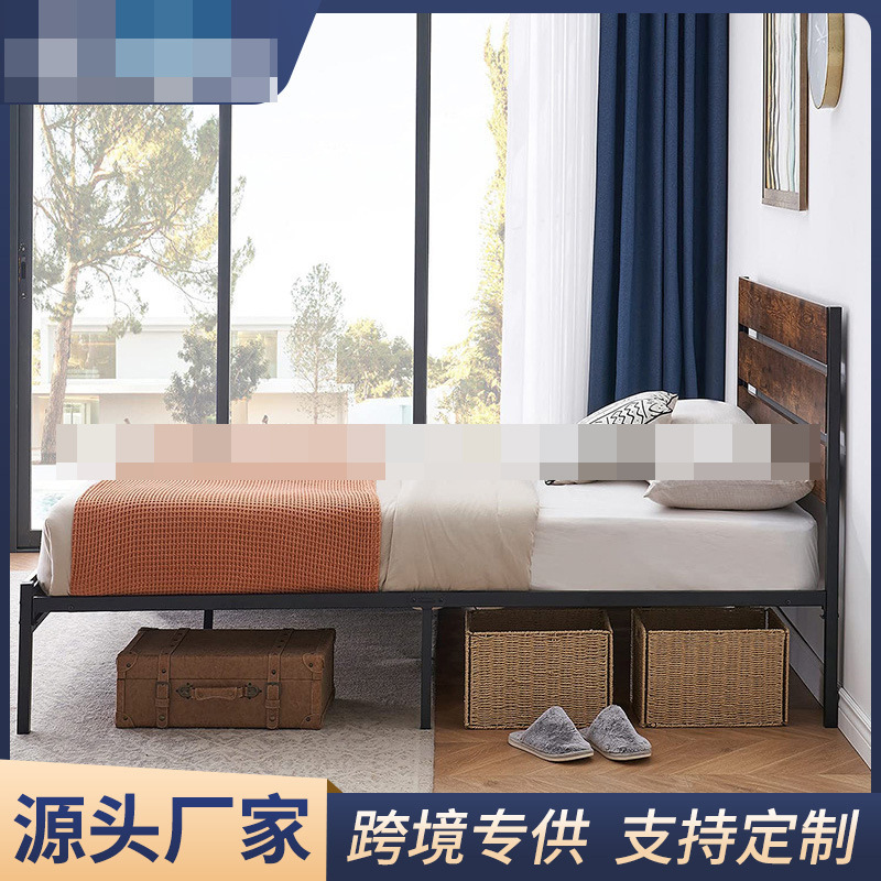 New Popular Iron Frame Metal Bed Frame Cross-Border Special Supply Bedroom Metal Bed Frame Practical Double Bed with Headboard Trendy