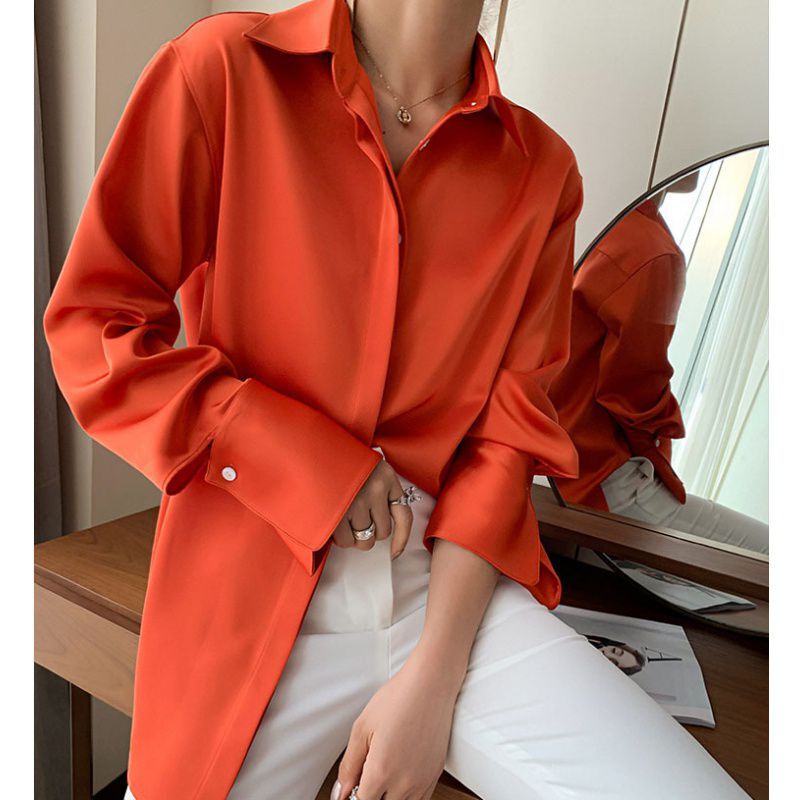 Dark Glow! Triacetate Satin Shirt Imported from Japan Long-Sleeved Heavyweight Double-Sided Satin Top