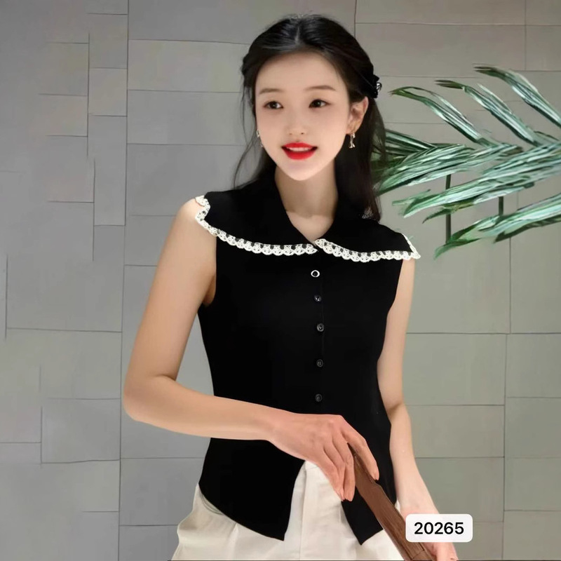 2025 Summer Real Shot French Hot Girl Pure Desire Style Doll Collar Lace Trim Sleeveless Knitted Cardigan Women's Short Style