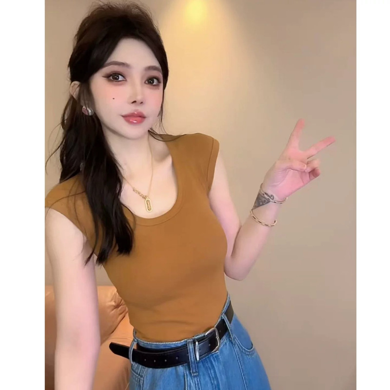 Orange U-Neck Sleeveless T-Shirt for Women, Summer 2026, Super Popular, Age-Reducing, Petite, Slim-Fit, Simple Basic Top