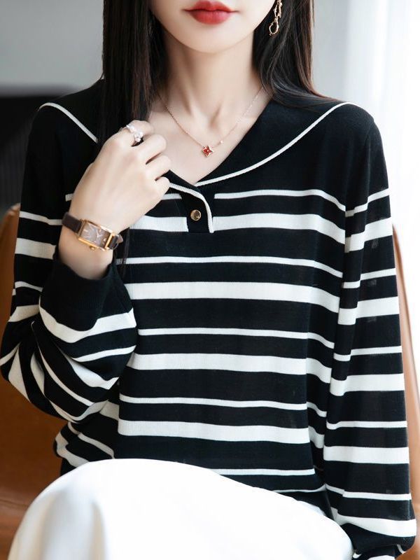 Camiseta de punto a rayas de cuello marino suéter coreano suéter de reducción de edad camisa de base suelta con solapa de luces de manga larga camisa de mujer image 4