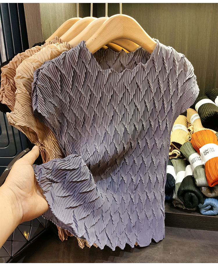 Áo thun tay ngắn cổ tròn xếp ly hình kim cương nữ ôm dáng — Màu đen, Màu hồng củ sen, Màu xám, Màu mơ chi tiết 28